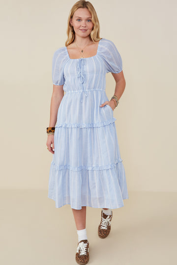 HY9228 Blue Womens Bow Detailed Crochet Lace Square Neck Dress Full Body